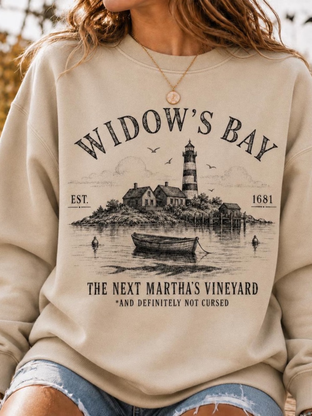 Sand Short Sleeve Tee with Widow's Bay Lighthouse Graphic